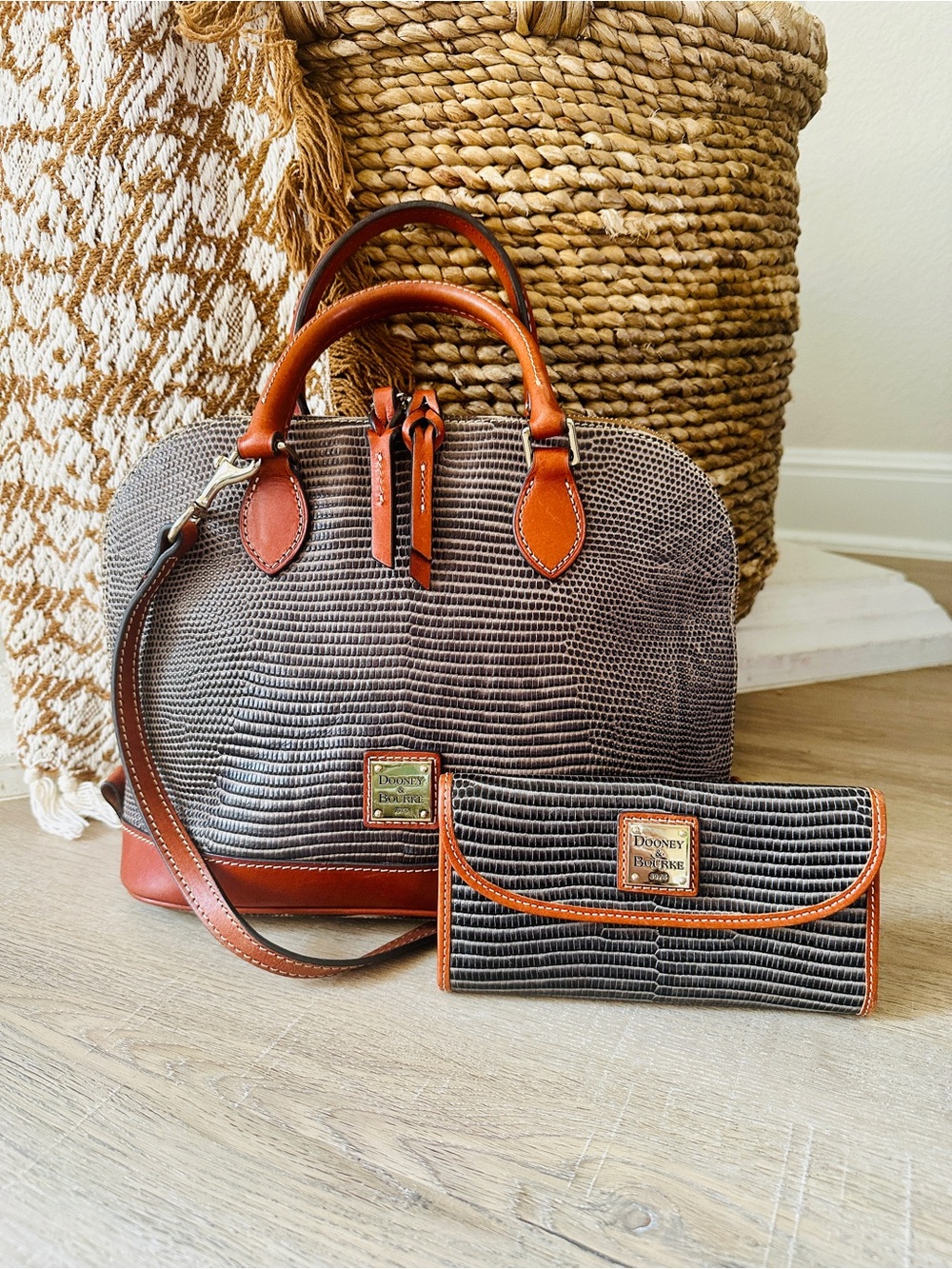 Dooney & Bourke Gray Lizard-Embossed Satchel with Brown Trim and Matching Wallet